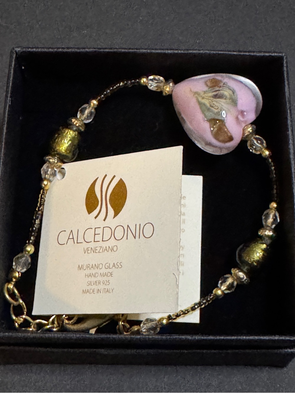Calcedonio Veneziano Murano Glass Heart Charm Bracelet - NIB 925 Silver